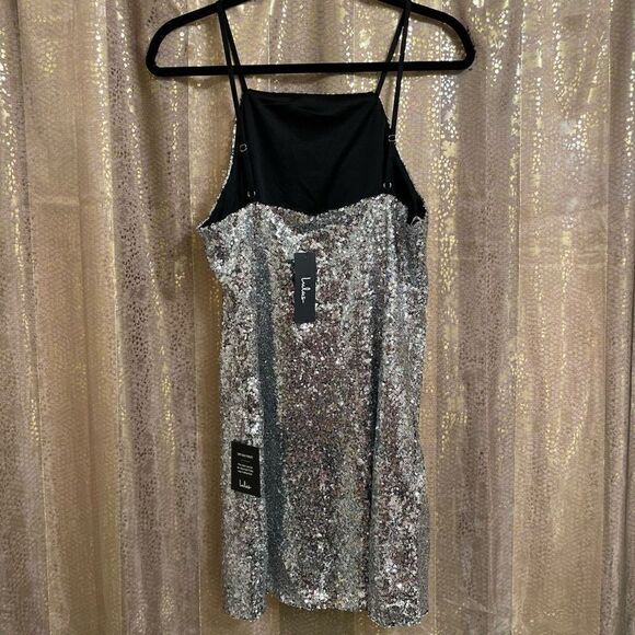 Lulus Silver Sequin High Neck Casmar Mini Dress, Large NWT - Picture 2 of 8
